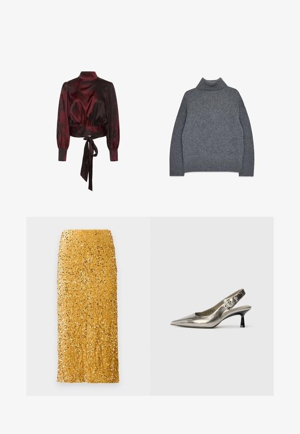 Maglione grigio a collo alto in un morbido filato testurizzato. Presenta polsini e orlo a coste, con una vestibilità rilassata e squadrata per garantire comfort e calore.; Blusa corta in satin bordeaux con maniche lunghe, colletto alto, maniche a palloncino, vita elastica e dettaglio annodato in vita.; Gonna midi dorata ricoperta di paillettes lucide con taglio dritto e vita alta su uno sfondo bianco.; Pumper slingback argento metallico con punta affusolata, tacco nero piccolo e dettaglio con fibbia sulla cinghia. Texture in pelle liscia.