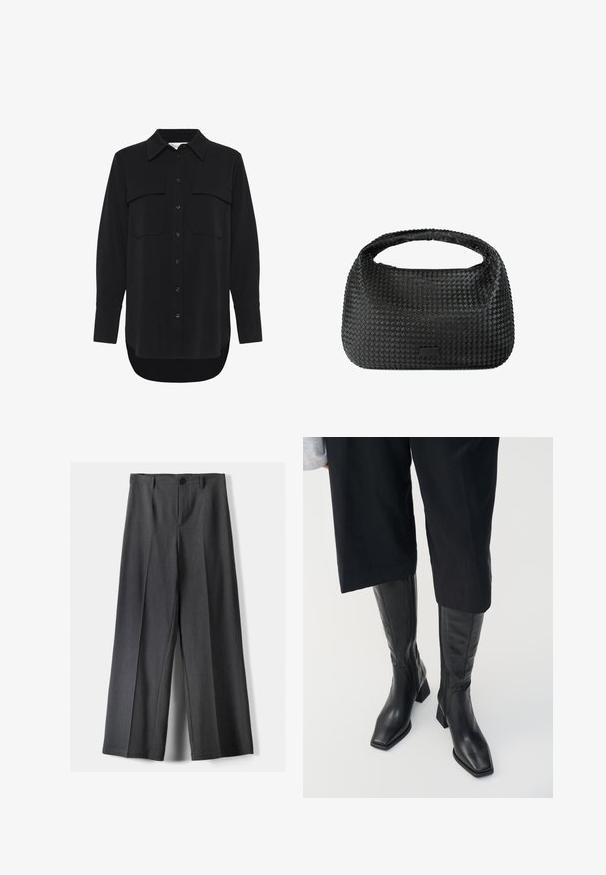 Grijze coltrui van een zachte, gestructureerde brei. Bevat ribgebreide mouwen en zoom, met een ontspannen, boxy pasvorm voor comfort en warmte.; My Essential Wardrobe SILLE HACE - Overhemdblouse - black; Wijde broek in donkergrijze stof, met een knoopsluiting, voorplooien en riemlussen. Gladde textuur met een op maat gemaakte uitstraling.; Zwarte leren kniehoge laarzen met een vierkante teen en een blokhak. Heeft een ritssluiting aan de zijkant en een gladde textuur.; Zwarte, geweven handtas met een ronde vorm, gestructureerd oppervlak en een enkele handgreep aan de bovenkant. Heeft een slank, minimalistisch ontwerp zonder zichtbare hardware.