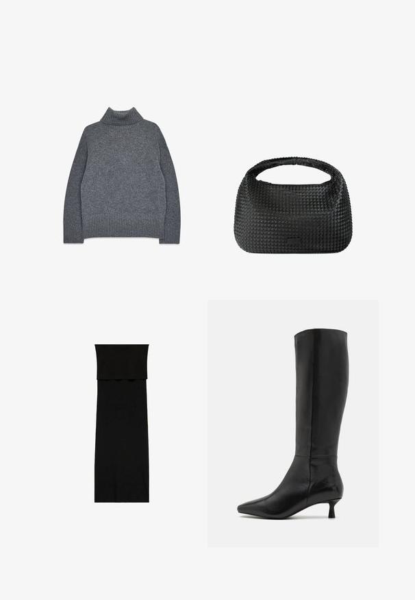 Siv turtleneck pulover iz mehkega, teksturiranega pletenja. Ima rebraste manšete in rob, ter sproščen, kvadraten kroj za udobje in toploto.; Črna obleka do tal s prilegajočim zgornjim delom in elegantnim, minimalističnim dizajnom. Narejena iz gladkega blaga, z enotno barvo brez vzorcev.; Zign Škornji - black; Črna pletena torbica za roke okrogle oblike, z teksturirano površino in enim zgornjim ročajem. Ima eleganten, minimalističen dizajn brez vidnih elementov.