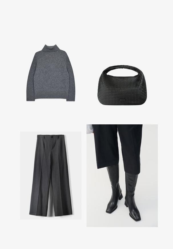 Grå turtlenecktröja i ett mjukt, strukturerat stickat material. Har ribbade manschetter och fåll, med en avslappnad, boxig passform för komfort och värme.; Breda byxor i mörkgrått tyg, med knäppning, framvikt och bältesöglor. Slät textur med skräddarsydd design.; Svarta läderknähöga stövlar med fyrkantig tå och blockklack. Har en siddragkedja och slät textur.; Svart vävd handväska med oval form, texturerad yta och ett enda handtag på toppen. Har en elegant, minimalistisk design utan synlig hårdvara.