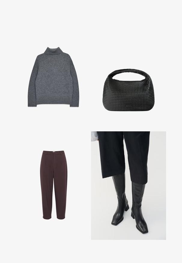 Gray turtleneck sweater in a soft, textured knit. Features ribbed cuffs and hem, with a relaxed, boxy fit for comfort and warmth.; Dark brown, high-waisted trousers with a relaxed fit, pleated front, and tapered leg, featuring a smooth texture and no visible hardware.; Black leather knee-high boots with a square toe and a block heel. Features a side zipper and smooth texture.; Black woven handbag with a rounded shape, textured surface, and a single top handle. Features a sleek, minimalist design with no visible hardware.