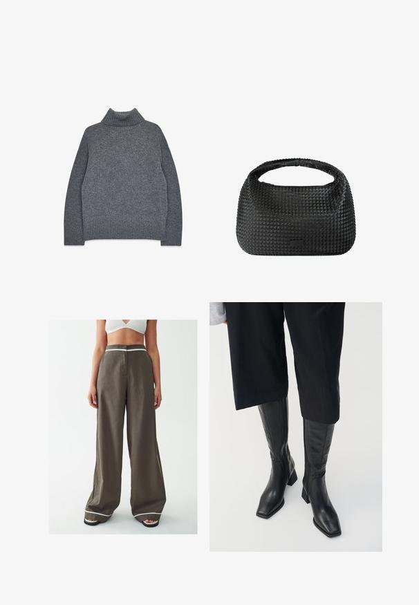 Harmaa poolpaita pehmeas textuurissa neulostyylissä. Varustettu ribbatut hihansuut ja helma, rento ja laatikkomainen istuvuus mukavuutta ja lämpöä varten.; CALLI WILMA - Housut - olive and white; Musta nahka polvipituiset saappaat, joissa on neliön muotoinen kärki ja korkea paksu kanta. Sisältää sivuvetoketjun ja sileän pinnan.; Mustan kudotun käsilaukun pyöreä muoto, texturoitu pinta ja yksittäinen yläkahva. Sen muotoilu on tyylikäs ja minimalistinen, ilman näkyvää tarvikkeita.