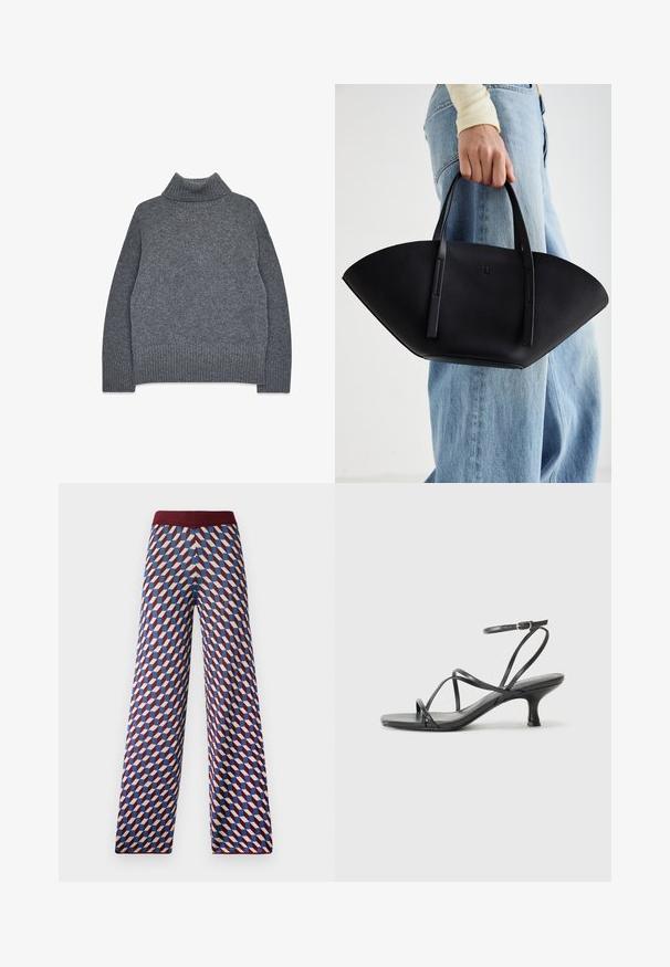 Gray turtleneck sweater in a soft, textured knit. Features ribbed cuffs and hem, with a relaxed, boxy fit for comfort and warmth.; Patterned wide-leg pants with a burgundy waistband, featuring a geometric design in red, blue, and cream colors, woven fabric texture.; Black heeled sandals with thin straps, open toe design, and a small, flared heel. The material appears smooth and glossy.; Black leather handbag with a unique fan shape, featuring flat handles. The surface has a pebbled texture and a minimalistic design.