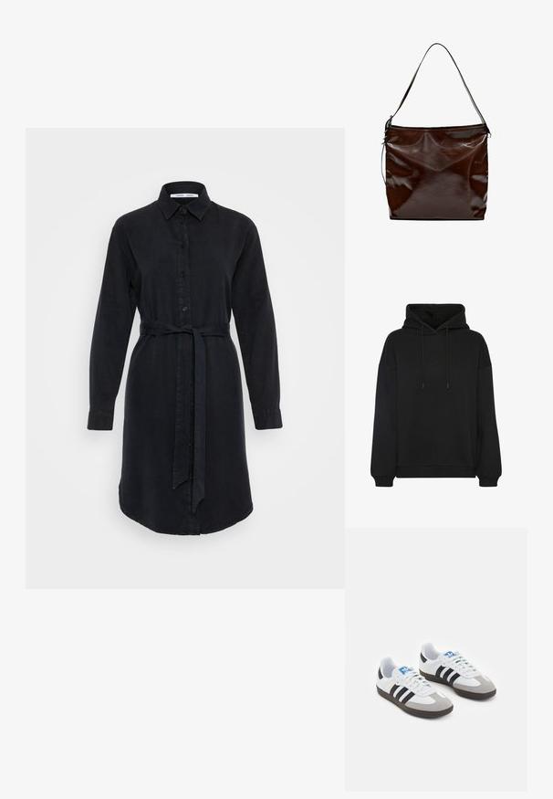 Felpa nera con cappuccio e grande tasca frontale, dotata di logo ricamato tono su tono sul petto, cappuccio con cordino e polsini e bordo a costine.; Abito camicia lungo nero con maniche lunghe, chiusura a bottoni, colletto e una cintura in tessuto in vita; presenta un orlo curvato.; Scarpe sportive con tomaia in pelle bianca, punta in suede grigia e tre strisce nere. Presentano un logo blu sulla linguetta e una suola in gomma testurizzata.; Borsa a tracolla in pelle marrone con una superficie liscia e lucida, una singola tracolla e una chiusura con zip. Presenta un design minimalista e senza motivi visibili.