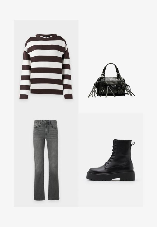 Brun og hvid stribet sweater, rund halsudskæring, strikket tekstur, brede horisontale striber, afslappet pasform med droppede skuldre.; Bredde jeans i mørkegrå denim med høj talje, fem lommer og en enkelt knaplukning. Glat tekstur med let falmning.; Sorte læder ankelstøvler med rund tå, snørebånd foran og en tyk gummisål med struktureret slidbane. Hæfteløkke bagpå.; Sort læderhandtaske med flettede håndtag, tekstureret overflade, lynlåslomme foran og dekorative frynse-accenter. Kompakt og struktureret form.