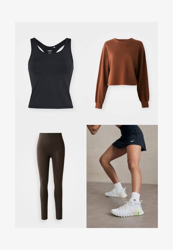 Smeđi kratki dukserica izrađena od mekanog pamuka u kombinaciji s drugim materijalima. Ima duge rukave i okrugli izrez s rebraste rubom. Glatka tekstura.; Crna bezrukavna sportska majica s visokim izrezom i otvorenim leđima. Izrađena je od rastezljivog materijala, s glatkom teksturom i minimalnim šavovima.; Smeđe tajice izrađene od rastezljivog materijala s visokim strukom. Imaju glatku teksturu i oblikovani dizajn. Nema vidljivih uzoraka.; Bijele atletske tenisice s teksturiranom površinom, neon zeleni detalji i istaknutim Nike logotipom. Uparene s bijelim čarapama do gležnja.