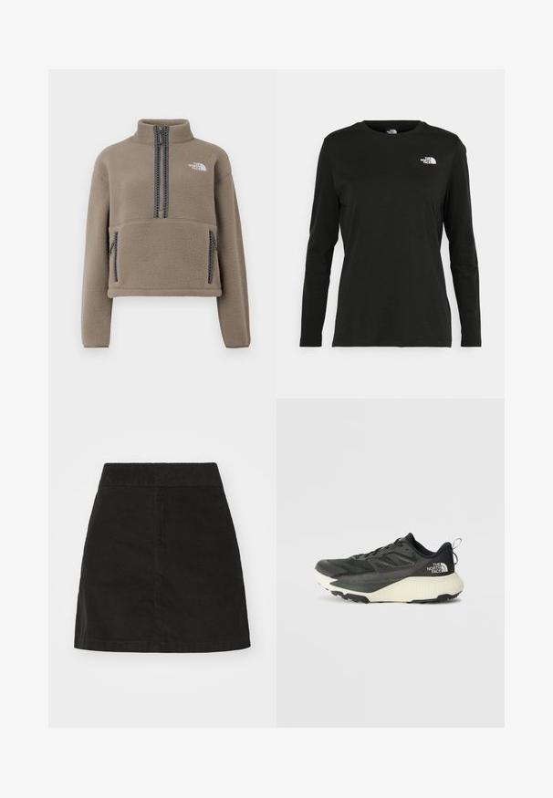 Καφέ φλις πούλοβερ με μισό φερμουάρ, ψηλό γιακά, μπροστινή τσέπη με ανοιχτό χρηματικό ποσό και αντίθετους υφασμάτινους φερμουάρ. Λογότυπο στην αριστερή επάνω μεριά του στήθους.; Μαύρο μακρυμάνικο μπλουζάκι από βαμβάκι με στρογγυλή λαιμόκοψη. Διαθέτει ένα μικρό λευκό λογότυπο στην αριστερή πλευρά του στήθους. Απλός σχεδιασμός και εφαρμογή.; Dickies SEASONAL SKIRT - Μίνι φούστα - black; Μαύρο αθλητικό παπούτσι με υφή στο επάνω μέρος, διαθέτει γκρι λεπτομέρειες και λευκή ενδιάμεση σόλα. Περιλαμβάνει ετικέτα έλξης και έντονο λογότυπο μάρκας στη φτέρνα.