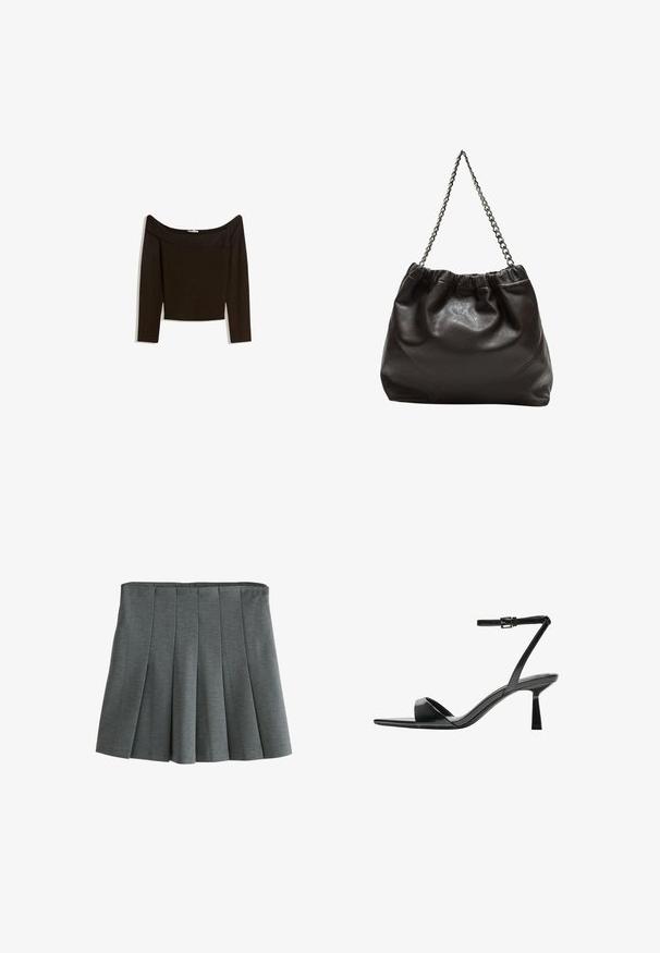 Off-the-shoulder, dark brown top in a fitted knit material. Features long sleeves and a cropped design with a smooth texture.; Gray pleated skirt made of soft, textured fabric. Features a fitted waistband and layered pleats for movement.; Bershka High heeled sandals - black; Brown leather bag with a gathered top and a chain strap. Smooth texture with a glossy finish and subtle seam detailing on the sides.