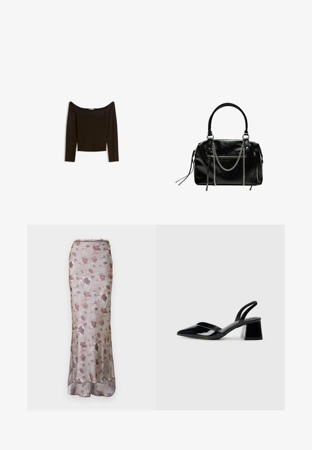 Off-the-shoulder, dark brown top in a fitted knit material. Features long sleeves and a cropped design with a smooth texture.; Floral maxi skirt made of sheer, lightweight fabric. Features a gray base with pink and purple patterns and a flared hemline.; Black patent leather slingback heels with a pointed toe and a geometric block heel. Features a sleek, minimal design and smooth texture.; Bershka WITH CHAIN - Handbag - black