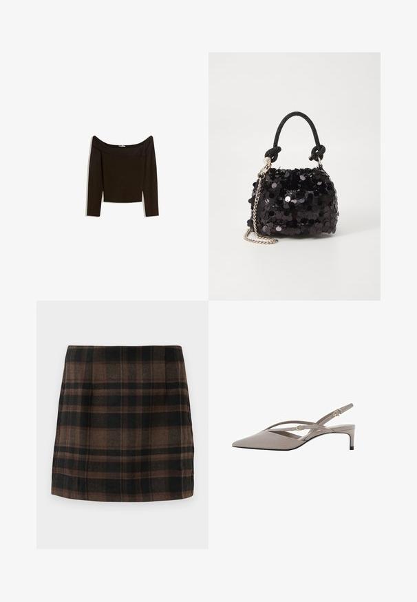 Off-shoulder, mørkebrun top i et tætsiddende strikmateriale. Har lange ærmer og et cropped design med en glat tekstur.; Rutet mini nederdel i brune, sorte og tan farver, lavet af tekstureret stof, med et tætsiddende design og sidesømme for struktur.; Beige slingback hæle med spidse tæer, tynde krydsede stropper og en kort stiletto hæl. Glat stof med hardware i guld-tone.; Sort pailette mini håndtaske med en knyttet struktureret rem og sølv kæde. Rund form med samlet top og reflekterende detaljer.