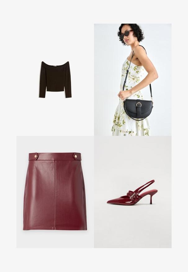 Off-shoulder, mørkebrun top i et tætsiddende strikmateriale. Har lange ærmer og et cropped design med en glat tekstur.; Burgundy læder mini nederdel med en glat tekstur, der har et tætsiddende design, sidepaneler og to guldtonede knapper i taljen.; Røde patenteret læder slingback hæle med spids tå, to spændebånd og en slank, mellemhøj stiletto hæl. Glat tekstur.; Sort læderhåndtaske med en buet form, aftagelig rem og guldfinish. Tasken har en klap med en spænde detalje.