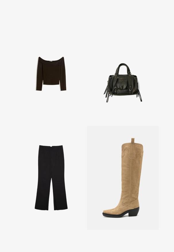 Top tamnog smeđeg tonusa sa spuštenim ramena, izrađen od prilagodljivog pletiva. Ima duge rukave i skraćen dizajn s glatkom teksturom.; Crne hlače ravnog kroja, s prednjim džepovima i bočnim prorezima na rubu. Izrađene od mekog i glatkog materijala. Pogodne za razne prigode.; Kne-high, smeškan smeđi antilop čizme s dekorativnim šavovima, oštrom nožnom točkom i umjerenim blok petom. Ima povlačnu traku na vrhu.; Crna kožna torba s pletenim ručkama, džepom na zatvarač i visećim resicama. Teksturirana površina s metalnim zakovicama i hardverskim naglascima.