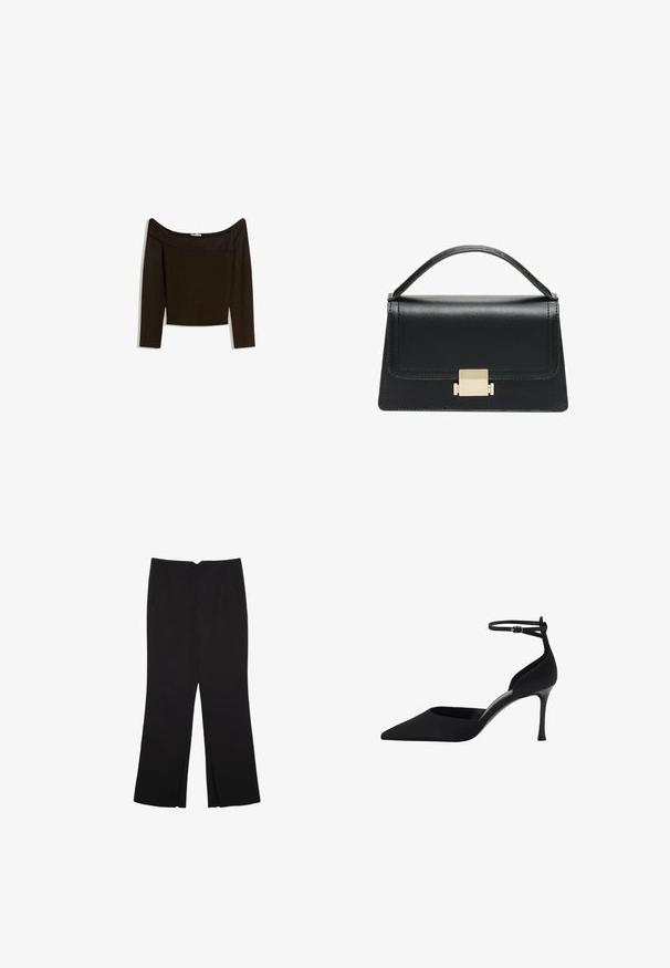 Haut marron foncé, décolleté asymétrique, en matière tricotée ajustée. Il possède des manches longues et un design court avec une texture lisse.; Pantalon noir avec une coupe droite, doté de poches avant et d'éclairs sur l'ourlet. Fabriqué en tissu doux et lisse. Convient à diverses occasions.; Chaussure à talon haut noire à bout pointu avec un talon fin, un dos ouvert et une bride au niveau de la cheville. Fabriquée en matériau lisse avec un design épuré.; Sac à main en cuir noir au design structuré, avec une poignée supérieure et un détail de fermoir en métal doré à l'avant. Texture lisse, couture minimale.