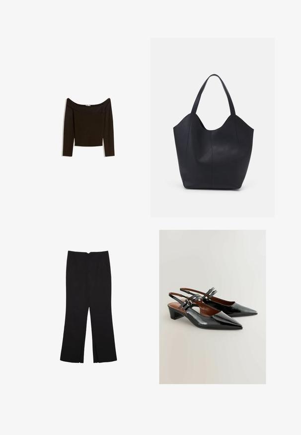 Off-shoulder, mørkebrun top i et tætsiddende strikmateriale. Har lange ærmer og et cropped design med en glat tekstur.; Sorte bukser med lige pasform, der har frontlommer og slidser i kanten. Lavet af blødt, glat stof. Velegnet til forskellige anledninger.; Sorte patentlæder slingback sko med spids tå, mellem høj hæl og dekorative spænde remme. Glat tekstur med slankt design.; Sort tote taske lavet af glat læder, med en buet, åben top, to skulderstropper og et minimalistisk design.