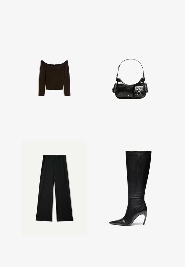 Schulterfreies, dunkelbraunes Oberteil aus einem enganliegenden Strickmaterial. Es hat lange Ärmel und ein kurzes Design mit einer glatten Textur.; Bershka WIDE - Stoffhose - black; Schwarze Lederstiefel bis zum Knie mit spitzer Zehe und hohem Stiletto-Absatz; schlanker, glatter Textur mit dezenten Nähten und ohne sichtbare Beschläge.; Schwarze Lackleder-Handtasche mit geschwungenem Design, einem Schulterriemen, Vordertaschen und silberfarbenen Hardware-Akzenten.