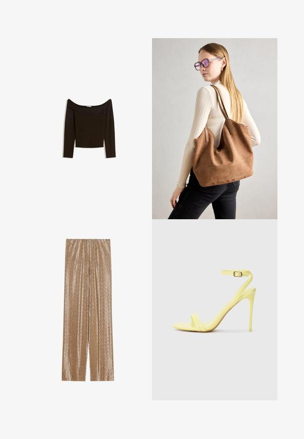 Top bez ramínek v tmavě hnědé barvě vyrobený z přiléhavého úpletu. Má dlouhé rukávy a zkrácený střih s hladkou texturou.; Světlohnědé skladované kalhoty vyrobené z lesklé tkaniny, s texturovaným zigzag vzorem a elastickým pasem pro pohodlí.; Žluté lakované vysoké sandály na podpatku s dvěma předními pásky a páskem kolem kotníku s přezkou. Elegantní, špičatý design podpatku.; Hnědá semišová taška přes rameno se soft-touch texturou, velkým otvorem a dlouhými popruhy. Disponuje jednoduchým designem s viditelným šitím a bez kovových prvků.; Krémová polstrovaná čelenka s twist designem, doplněná béžovým a bílým pruhovaným tričkem s kulatým výstřihem. Jemné šperky.