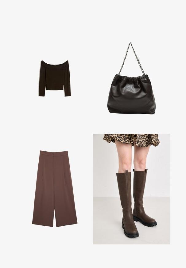 Top tamnog smeđeg tonusa sa spuštenim ramena, izrađen od prilagodljivog pletiva. Ima duge rukave i skraćen dizajn s glatkom teksturom.; Smeđe hlače širokog kroja s glatkom teksturom, koje imaju visok struk i nabore sprijeda. Tkanina je lagana i slobodno se kreće.; Smeđe čizme do koljena s teksturiranom površinom, s čvrstim crnim gumiranim đonom i bočnim patentnim zatvaračem.; Smeđa kožna torba s naboranim vrhom i lančićem za nošenje. Glatka tekstura s sjajnim završetkom i suptilnim šavnim detaljima sa strane.