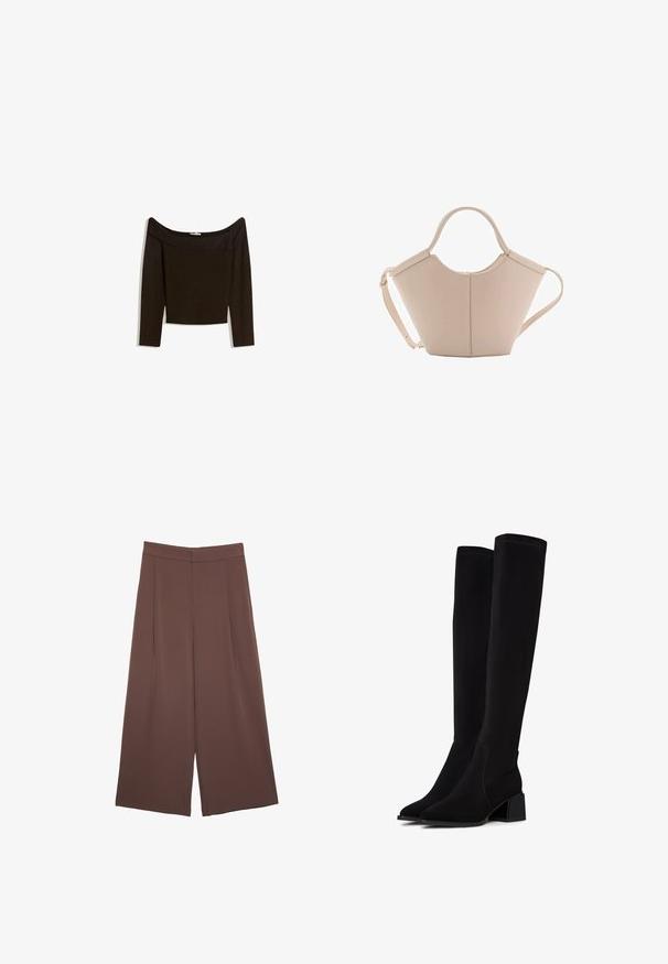 Bluzka typu off-the-shoulder w ciemno-brązowym kolorze, wykonana z dopasowanego dzianiny. Posiada długie rękawy oraz skrócony krój o gładkiej fakturze.; Brązowe spodnie o szerokich nogawkach z gładką fakturą, z wysokim stanem i plisami z przodu. Materiał jest lekki i luźno opada.; Czarne kozaki za kolano wykonane z miękkiego, teksturowanego materiału. Posiadają słupkowy obcas, spiczasty nos i widoczne przeszycia.; Beżowa skórzana torebka o unikalnym kształcie, z dwoma krótkimi uchwytami i długim, regulowanym paskiem. Gładka tekstura z minimalną ilością elementów metalowych.