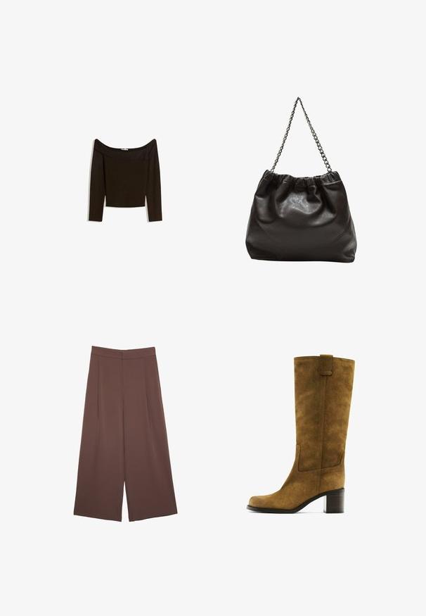 Top scollato, di colore marrone scuro, realizzato in un materiale a maglia aderente. Caratterizzato da maniche lunghe e un design corto con una texture liscia.; Pantaloni ampi marroni con una texture liscia, caratterizzati da una vita alta e pieghe frontali. Il tessuto è leggero e scorre liberamente.; Stivale alto in suede marrone con punta quadrata e tacco a blocco. Presenta un pannello laterale e un linguetta sulla parte superiore per facilitarne l'indossamento.; Borsa in pelle marrone con parte superiore arricciata e tracolla a catena. Texture liscia con finitura lucida e dettagli di cucitura sottili sui lati.