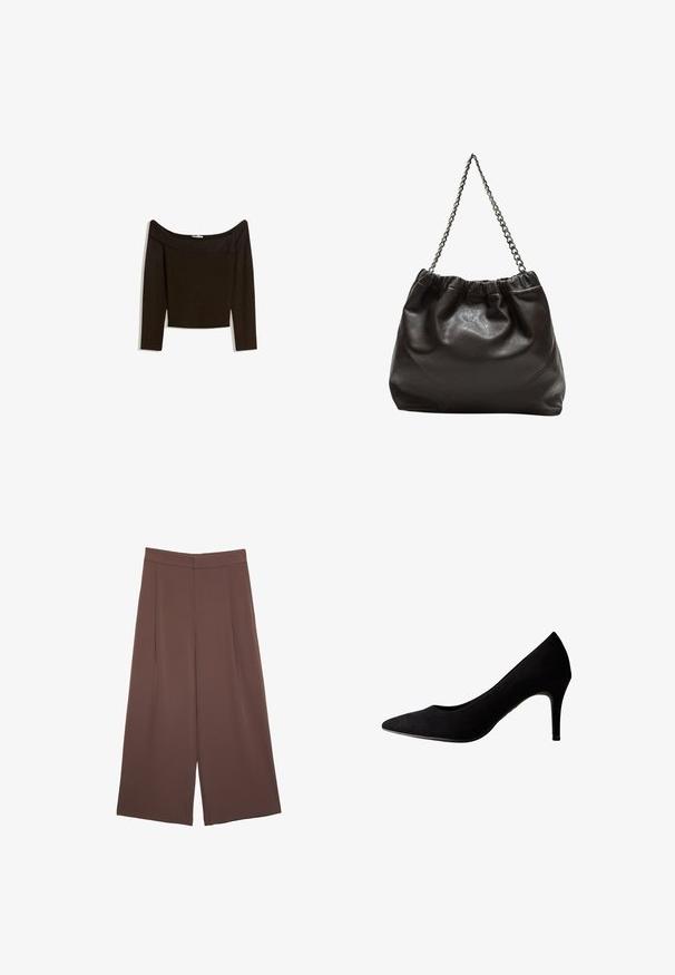 Bluzka typu off-the-shoulder w ciemno-brązowym kolorze, wykonana z dopasowanego dzianiny. Posiada długie rękawy oraz skrócony krój o gładkiej fakturze.; Brązowe spodnie o szerokich nogawkach z gładką fakturą, z wysokim stanem i plisami z przodu. Materiał jest lekki i luźno opada.; Czarne zamszowe szpilki z ostro zakończonym noskiem i smukłym obcasem. Gładka faktura bez widocznych wzorów czy akcentów.; Brązowa skórzana torba z marszczonym szczytem i łańcuszkowym paskiem. Gładka tekstura z błyszczącym wykończeniem i subtelnymi detalami szwów po bokach.
