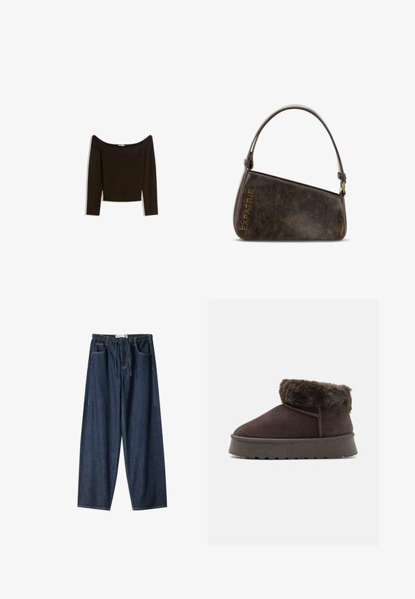 Off-shoulder, mörkbrun topp i ett åtsittande stickat material. Har långa ärmar och en kortad design med en mjuk textur.; Mörkblå denimbyxor med vida ben. Har resårlinning, dragsko och framfickor. Slät textur med synliga sömmar.; Brun mockaskor med faux fur-krage, rund tå och texturerad gummisula. Har enkel sömnad och en låg profil.; Brun konstläder väska med en vinkelrät design, som har ett kort handtag, bronsdetaljer och den präglade texten "EXPATRIE" i guld.