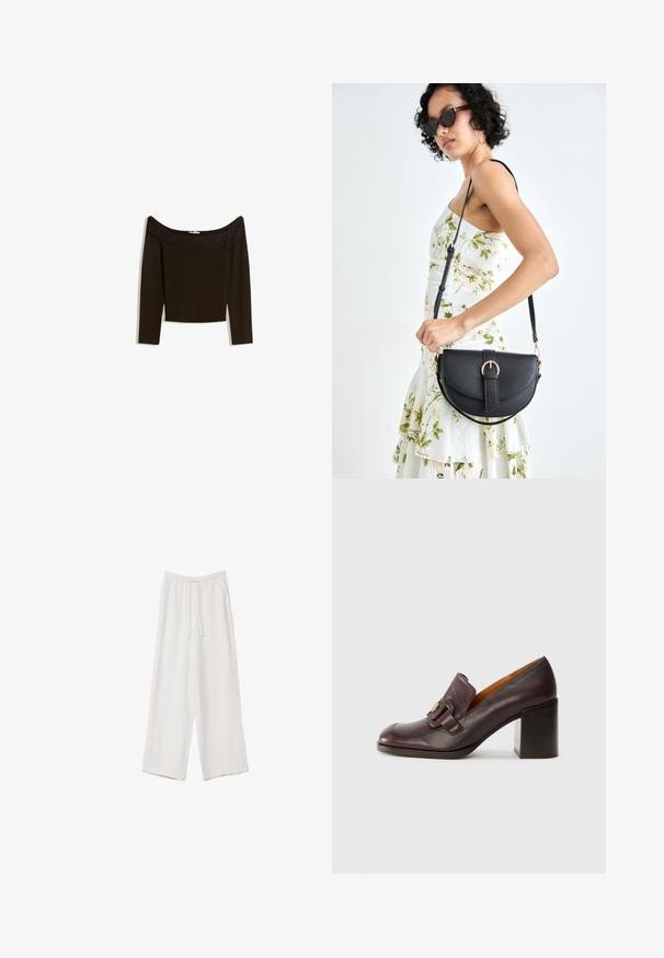 Schulterfreies, dunkelbraunes Oberteil aus einem enganliegenden Strickmaterial. Es hat lange Ärmel und ein kurzes Design mit einer glatten Textur.; Weiße weit geschnittene Hose aus leichtem Stoff. Mit einem elastischen Bund und Kordelzug sowie Seitentaschen. Glatte Textur.; Chie Mihara NOWA - Pumps - kimera grape; Schwarze Lederhandtasche mit geschwungener Form, abnehmbarem Tragegurt und goldenen Beschlägen. Die Tasche verfügt über einen Deckel mit einer Schnallen-Details.