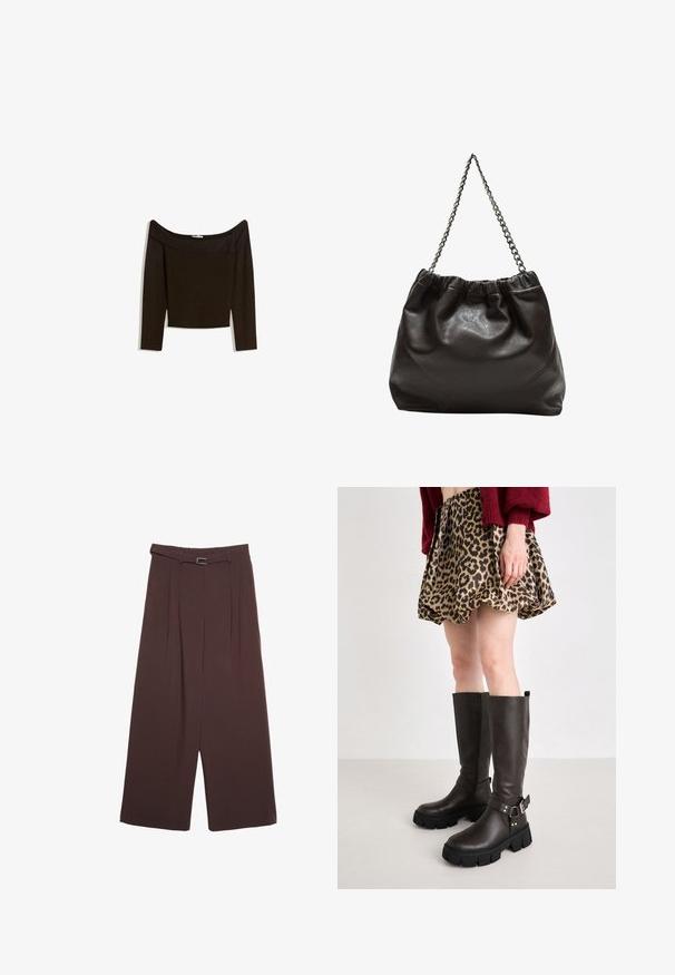 Top bez ramínek v tmavě hnědé barvě vyrobený z přiléhavého úpletu. Má dlouhé rukávy a zkrácený střih s hladkou texturou.; Stradivarius WIDE-LEG WITH BUCKLE DETAIL - Kalhoty - dark brown; Hnědé kožené holínky po kolena s tlustou černou platformou, s detaily přezky, spárované s sukní s leopardím vzorem.; Hnědá kožená taška se sbíraným vrškem a řetízkovým popruhem. Hladký povrch s lesklým finišem a jemným švem na bocích.