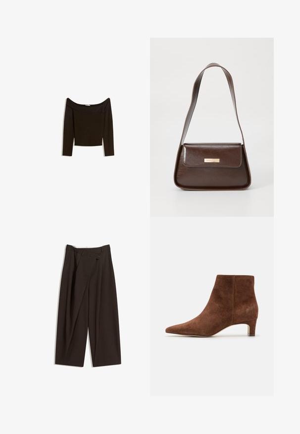 Váll nélküli, sötétbarna felső, mely testhez simuló kötött anyagból készült. Hosszú ujjú és croptop dizájnnal rendelkezik, sima textúrájú.; Sötétbarna, bő szárú nadrág magas derékkal, egyetlen gombos záródással és redős elülső résszel. Könnyű anyagból készült.; Anna Field LEATHER - Bokacsizmák - tan; Barna bőr válltáska, struktúrált formával, mágneses fedélzárral és fémből készült logóval az elején.