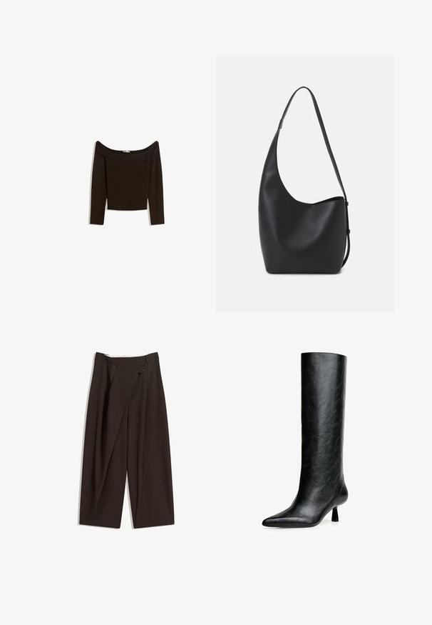 Váll nélküli, sötétbarna felső, mely testhez simuló kötött anyagból készült. Hosszú ujjú és croptop dizájnnal rendelkezik, sima textúrájú.; Sötétbarna, bő szárú nadrág magas derékkal, egyetlen gombos záródással és redős elülső résszel. Könnyű anyagból készült.; Fekete, térd fölé érő csizma textúrált bőrből készült. Kiemelkedő jellemzője a hegyes orr és a kis, ívelt sarok. Elegáns, sima dizájn minimális díszítésekkel.; Fekete bőr hobo táska sima textúrával, ívelt formával és egyetlen állítható pánttal; széles nyílás található a tetején.