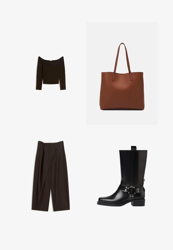 Paita tummanruskea, olkapäiltä avattu, istuva neulosmateriaali. Pitkät hihat ja lyhyt malli, jossa on sileä rakenne.; Tummanruskeat leveälahkeiset housut, joissa on korkea vyötärö, yhden napin sulkea ja pleatattu etuosa. Valmistettu kevyestä kankaasta.; Musta nahkasaapas polven yläpuolelle, jossa on terävä kärki, hopeiset solkiyksityiskohdat ja paksu korko. Varustettu vetotapilla helppoa pukemista varten.; Ruskea nahkainen olkalaukku, jossa on sileä pinta, avoin yläosa ja kaksi olkahihnaa. Omaavat vain minimaalisen ompelun eikä näkyvää metalliosaa.