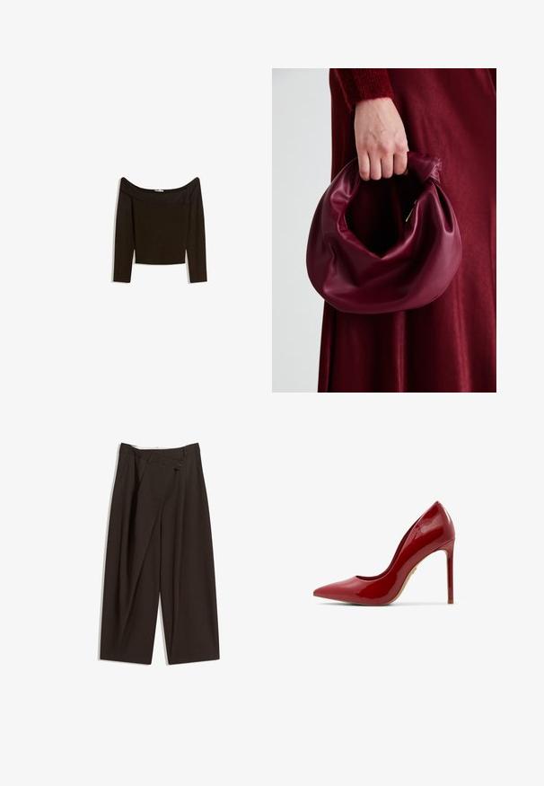 Top scollato, di colore marrone scuro, realizzato in un materiale a maglia aderente. Caratterizzato da maniche lunghe e un design corto con una texture liscia.; Pantaloni a gamba larga marrone scuro con vita alta, dotati di una chiusura con bottone singolo e una parte anteriore plissettata. Realizzati in tessuto leggero.; Scarpa con tacco alto in vernice rossa, punta affusolata, superficie liscia e tacco stiletto sottile con suola beige.; Borsa in pelle bordeaux con un design morbido e arricciato e una forma arrotondata. Il manico è fissato, mostrando una texture liscia.