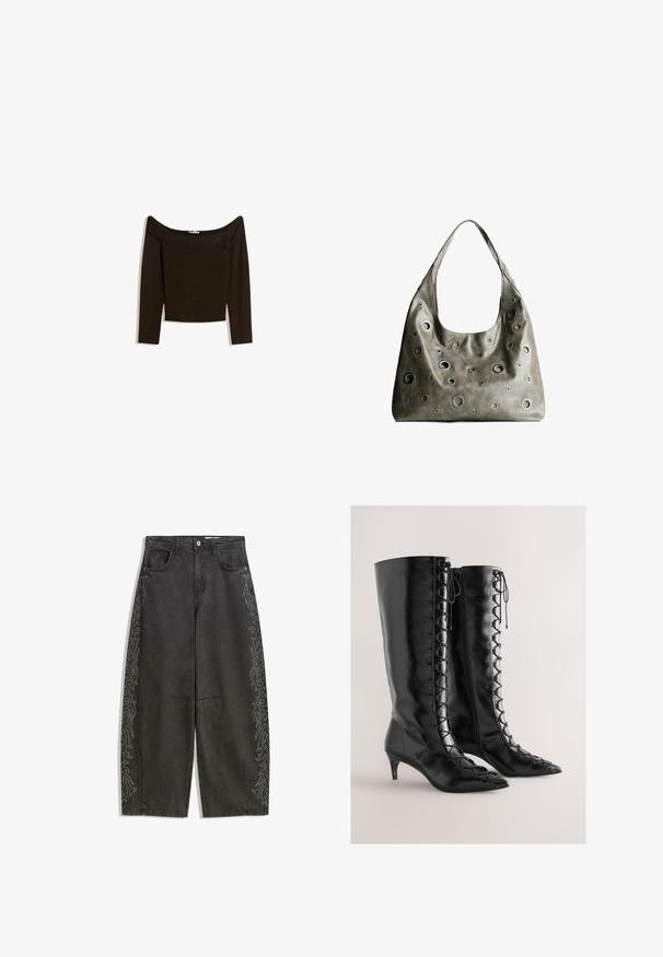 Váll nélküli, sötétbarna felső, mely testhez simuló kötött anyagból készült. Hosszú ujjú és croptop dizájnnal rendelkezik, sima textúrájú.; Fekete farmer széles szárú nadrág díszes ezüst szegecsekkel a külső varrás mentén, öt zsebbel és gombos záródással.; Fekete bőrből készült térdig érő csizma hegyes orral, oldalt fűzős részlettel és kis, kecskecsőr sarkakkal.; Olívazöld bőrtáska laza fazonnal, különböző méretű kör alakú kivágásokkal és sötétebb és világosabb árnyalatú díszítésekkel.