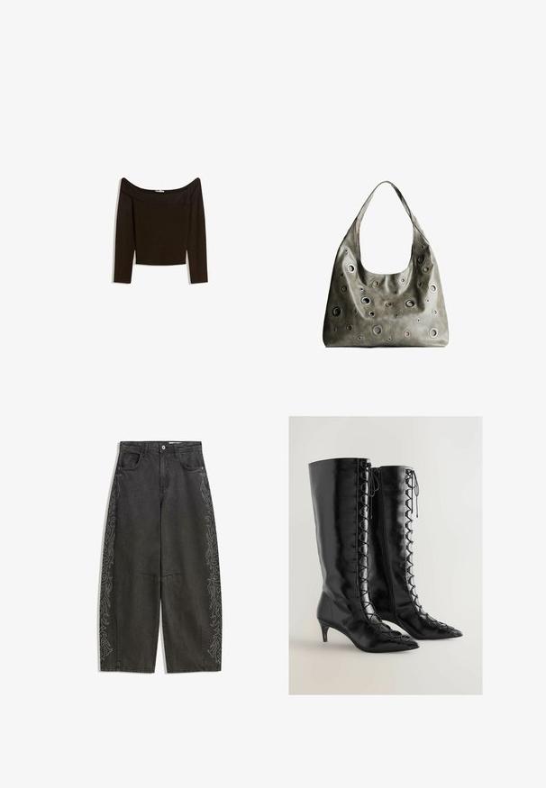 Top scollato, di colore marrone scuro, realizzato in un materiale a maglia aderente. Caratterizzato da maniche lunghe e un design corto con una texture liscia.; Pantaloni larghi in denim nero con decorative borchie argentate lungo le cuciture esterne, cinque tasche e chiusura con bottone.; Stivali neri al ginocchio in pelle lucida con punta affusolata, dotati di dettagli in pizzo lungo i lati e un design con tacco a kitten.; Borsa a tracolla in pelle verde oliva con un design morbido, caratterizzata da tagli circolari di diverse dimensioni e dettagli in tonalità più scure e più chiare.