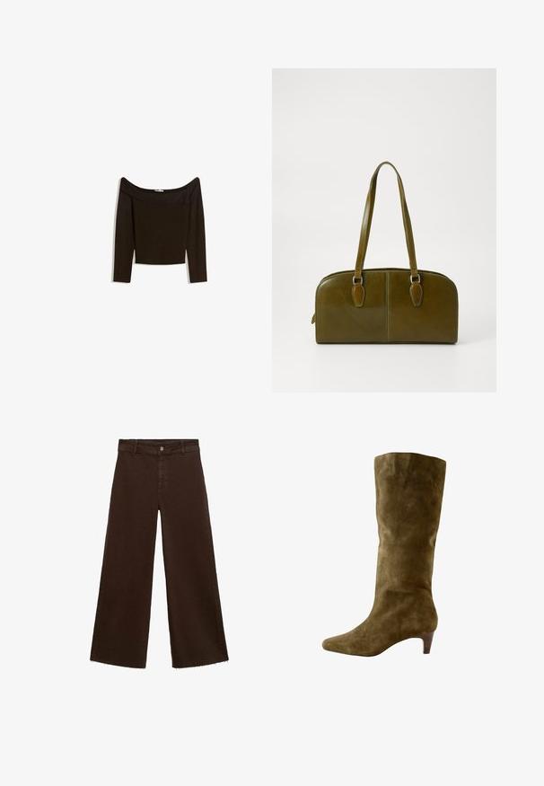 Bluza cu umerii descoperiți, de culoare maro închis, dintr-un material tricotat elastic. Are mâneci lungi și un design scurt, cu o textură netedă.; Pantaloni largi maro dintr-un amestec de bumbac, cu un tiv desfăcut, închidere cu buton frontal și un design clasic cu cinci buzunare. Minimalist și versatil.; Next FOREVER COMFORT KNEE HIGH HEELED - Cizme - olive; Geantă de mână din piele verde măslinie, cu o formă rotundă, mânere duale și față fără cusături. Are o textură netedă și detalii de cusătură subtile.