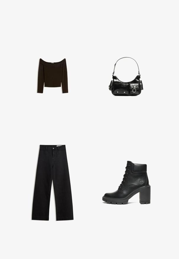 Top bez ramínek v tmavě hnědé barvě vyrobený z přiléhavého úpletu. Má dlouhé rukávy a zkrácený střih s hladkou texturou.; Černé denimové kalhoty s volným střihem a vysokým pasem, vybavené předními a zadními kapsami, prošívanými švy a knoflíkovým zapínáním. Hladká textura.; Černé kožené kotníkové boty s masivním podpatkem, šněrovacím designem a texturovanou gumovou podrážkou; na boku mají malé embosované logo.; Černá lakovaná kožená kabelka s křivkovým tvarem, jedním ramenním popruhem, předními kapsami a stříbrnými kovovými detaily.