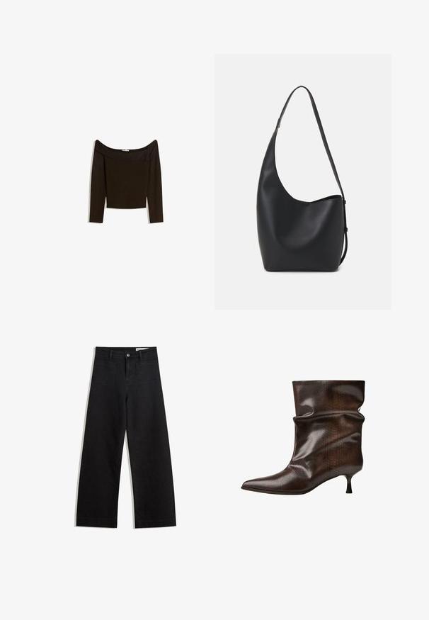 Paita tummanruskea, olkapäiltä avattu, istuva neulosmateriaali. Pitkät hihat ja lyhyt malli, jossa on sileä rakenne.; Mustat leveät farkut korkealla vyötäröllä, joissa on etu- ja takataskut, ommellut saumat ja nappisuljenta. Silkinoinen rakenne.; Tummanruskea polvenkorkuinen nahkabootsi, jossa on terävä kärki, löysä varsi ja kapea matala kitten-korko.; Musta nahkainen hobo-laukku, jossa on sileä pinta, kaareva muoto ja yksi säädettävä olkahihna; sisäänkäynti on leveä ylhäältä.