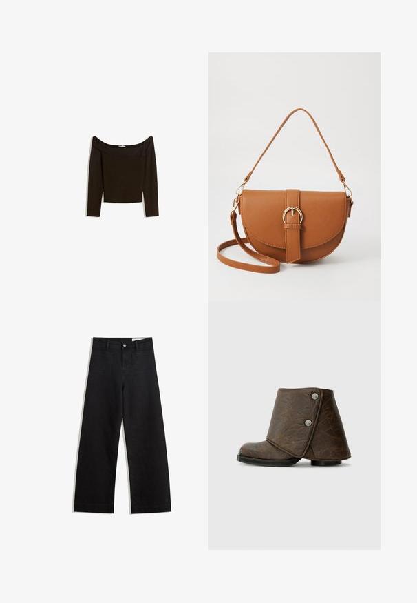 Váll nélküli, sötétbarna felső, mely testhez simuló kötött anyagból készült. Hosszú ujjú és croptop dizájnnal rendelkezik, sima textúrájú.; Fekete, bő szabású farmernadrág magas derékkal, elülső és hátsó zsebekkel, varrott felületekkel és gombos záródással. Sima textúra.; Barna bőr bokacsizma, hajtogatott dizájnnal, ezüst színű kiegészítőkkel, kerek orral és texturált felülettel. Alacsony, lapos fekete talp.; Barna bőr keresztbody táska ívelt formával, aranyszínű fémrészekkel és csat díszítéssel. Levehető vállpánttal rendelkezik.