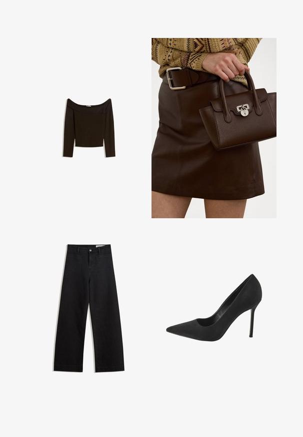 Top tamnog smeđeg tonusa sa spuštenim ramena, izrađen od prilagodljivog pletiva. Ima duge rukave i skraćen dizajn s glatkom teksturom.; Crne široke traperice s visokim strukom, s prednjim i stražnjim džepovima, šivenim šavovima i kopčanjem na gumb. Glatka tekstura.; Crne nubuk cipele na visokom petu s bodičastim prstom i izrezom sa strane; imaju tanke stiletto pete i glatku unutarnju oblogu.; Smeđa kožna torba s teksturiranim finišom i srebrnim detaljima, držana rukom pored smeđih kožnih suknji i uzorkovane veste.
