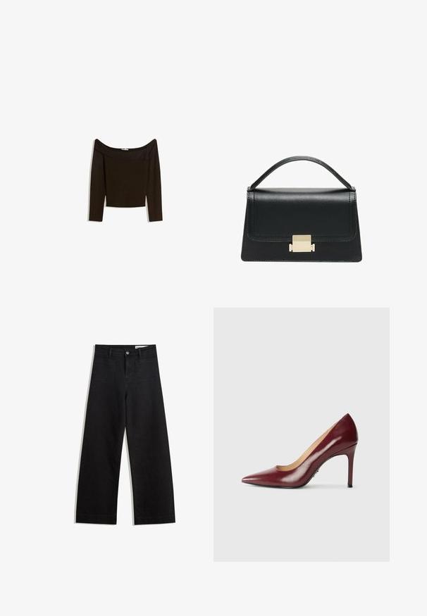 Paita tummanruskea, olkapäiltä avattu, istuva neulosmateriaali. Pitkät hihat ja lyhyt malli, jossa on sileä rakenne.; Mustat leveät farkut korkealla vyötäröllä, joissa on etu- ja takataskut, ommellut saumat ja nappisuljenta. Silkinoinen rakenne.; Tummanpunaiset nahkakengät, joissa on kapea kärki ja ohut stiletto-korotus valkoisella taustalla.; Musta nahkakäsilaukku, jossa on jämäkkä muotoilu, yläkahva ja kultainen metallisolki edessä. Sujuva pinta, minimaalinen ompelu.