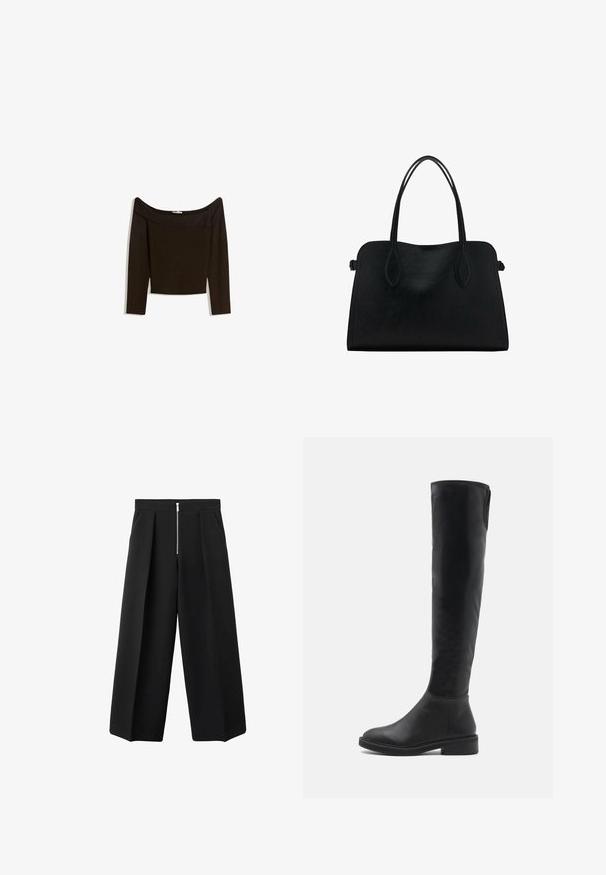 Bluza cu umerii descoperiți, de culoare maro închis, dintr-un material tricotat elastic. Are mâneci lungi și un design scurt, cu o textură netedă.; Pantaloni negri cu croi larg, cu pliseuri frontale și un sistem de închidere cu fermoar metalic vizibil la talie, față plată și buzunare laterale.; Botine negre, peste genunchi, din piele sintetică netedă, cu vârful rotund, toc mic și un țesut contrastant pe marginea superioară.; Geantă din piele neagră cu două mânere pentru umăr, formă rectangulară și design minimalistic pe un fundal alb.