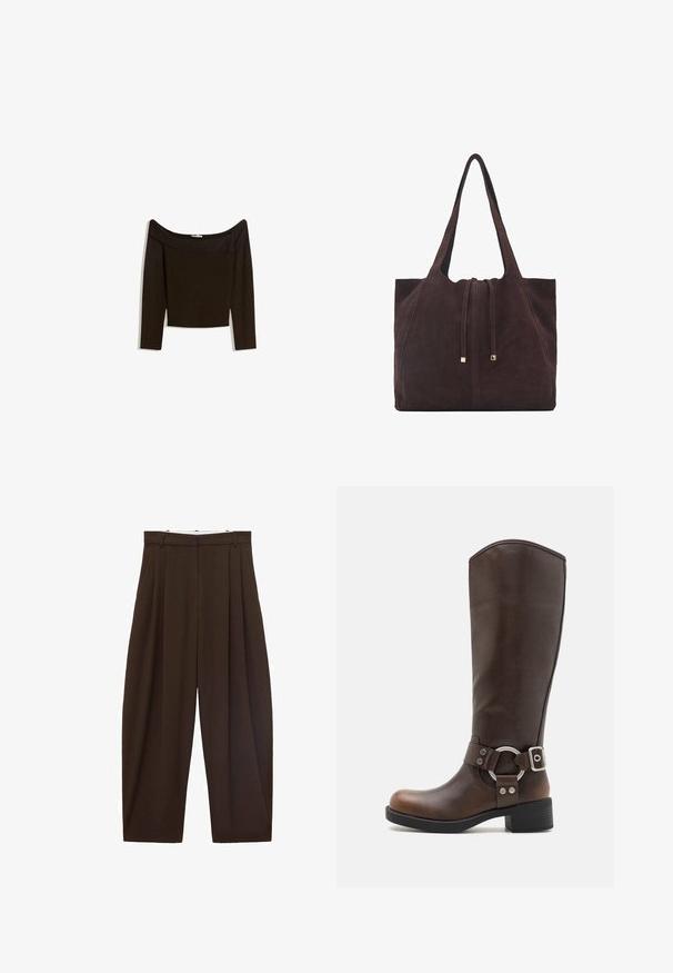 Top tamnog smeđeg tonusa sa spuštenim ramena, izrađen od prilagodljivog pletiva. Ima duge rukave i skraćen dizajn s glatkom teksturom.; Smeđe hlače visokog struka s nabranim detaljima, izrađene od glatkog materijala. Labav kroj, ravne nogavice, sa petljama za remen i zatvaračem na munju.; Smeđe kožne čizme do koljena s okruglim metalnim detaljem i kopčom. Blago teksturirana gornja strana, klasična peta i dizajn s okruglim prstom.; Mango Velika torba - dark brown