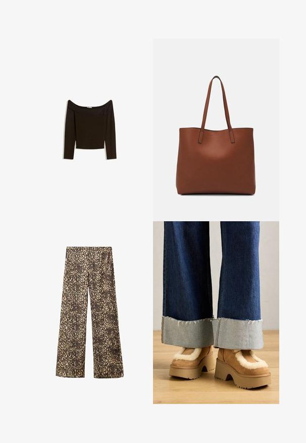 Off-shoulder, mørkebrun top i et tætsiddende strikmateriale. Har lange ærmer og et cropped design med en glat tekstur.; Rester med leopardtryk i let materiale. Har en neutral palet af beige og brun med sorte pletter og en afslappet pasform.; Brune ruskinds platform støvler med cremefarvet pelsfor, parret med brede denimbukser med rå afslutninger og en lysere denimsmock.; Brun læder tote taske med en glat overflade, åben topdesign og to skulderremme. Har minimal syning og ingen synlig hardware.