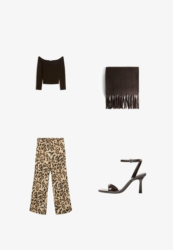 Top s odhalenými ramenami, tmavo hnedý, z priliehavého úpletu. Má dlhé rukávy a skrátený strih s hladkou textúrou.; Kráľovsky široké nohavice s leopardím vzorom v béžovej a hnedej farbe, s nastaviteľným pásom, hladkým materiálom a voľným strihom.; Hnedé lakované sandále na vysokom opätku s remienkom okolo členka, otvorenou špičkou a elegantným, minimalistickým dizajnom. Obsahujú štvorcovú pätu.; Hnedý vlnený šál s mäkkou textúrou, v pravouhlom tvare a s strapcami na okrajoch. Materiál sa zdá byť teplý a útulný, navrhnutý pre pohodlie.