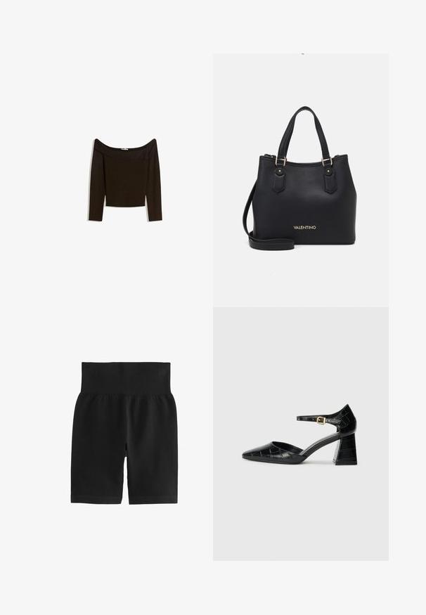 Váll nélküli, sötétbarna felső, mely testhez simuló kötött anyagból készült. Hosszú ujjú és croptop dizájnnal rendelkezik, sima textúrájú.; Fekete bordás rövidnadrág, széles gumis derékkal, sima felülettel és testhezálló fazonnal. Az anyag rugalmassága lehetővé teszi a szabad mozgást.; Fekete lakkbőr magassarkú cipő hegyes orral, bokapánttal és texturált krokodilmintával. Négyzet alakú blokk sarok kialakítás.; Fekete golyós bőr kézitáska arany hardverrel. Két rövid fogantyúval, levehető vállpánttal és egy hangsúlyos logóval a frontján rendelkezik.