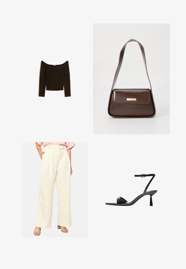 Top s spuščenimi rameni v temno rjavi barvi iz prilegajočega pletenega materiala. Ima dolge rokave in skrajšan dizajn z gladko teksturo.; Hlače širokih nogavic iz kremnega blaga z gladko teksturo, z visokim pasom, naborki in stranskimi žepi. Preprost gumbasti zap closure.; Bershka Sandali z visoko peto - black; Rjava usnjena torba za ramo z urejeno obliko, ki ima magnetno zapiranje na pokrovu in kovinski logotip na sprednji strani.