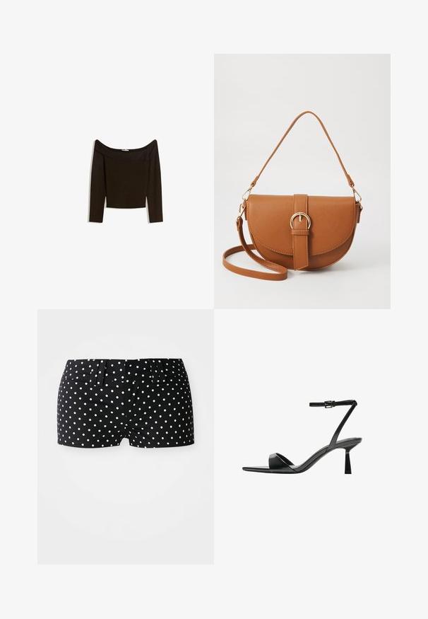Top s odhalenými ramenami, tmavo hnedý, z priliehavého úpletu. Má dlhé rukávy a skrátený strih s hladkou textúrou.; Čierne šortky s bielymi bodkami, s pútkami na opasok a priliehavým pásom na bielom pozadí.; Bershka Sandále na vysokom opätku - black; Hnedá kožená kabelka cez telo s zakriveným tvarom, zlatými kovovými doplnkami a akcentom s prackou. Obsahuje odnímateľný ramenný popruh.