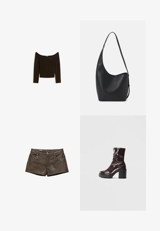 Top bez ramínek v tmavě hnědé barvě vyrobený z přiléhavého úpletu. Má dlouhé rukávy a zkrácený střih s hladkou texturou.; Hnědé šortky z faux kůže s hladkým povrchem, zdobené stříbrnými nýty na předních kapsách a zapínáním na knoflík.; Lesklá bordó kotníková bota s masivním černým podpatkem, se hladkým povrchem a jednoduchým designem. Žádné viditelné zapínání ani vzory.; Černá kožená hobo taška s hladkým povrchem, zakřiveným tvarem a jedním nastavitelným popruhem; má široké otevírání nahoře.