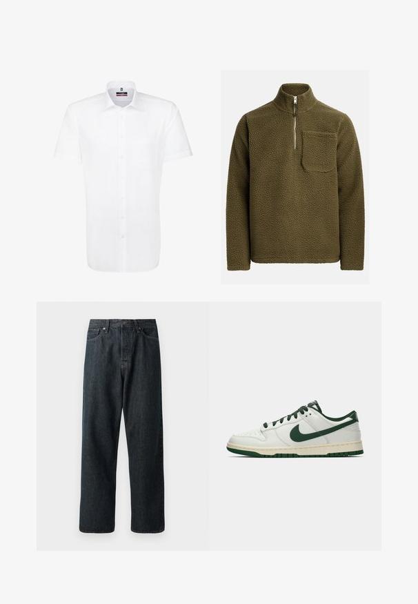 Fleece pullover in olijfgroen, met een halve ritssluiting en een borstzak aan de linkerkant. Getextureerd, zacht materiaal met een relaxte pasvorm.; Korte mouwen witte shirt van gladde stof, met een knopen sluiting aan de voorkant, kraag en een enkele borstzak. Geen patronen of accenten.; Donkerdenim jeans met een rechte pijp, voorzien van een traditionele vijf-pocket indeling en een metalen knoopsluiting bij de taille.; Witte lage sneakers met een donkergroene Nike swoosh, veters en accentkleuren op de zool, weergegeven in profiel op een effen witte achtergrond.