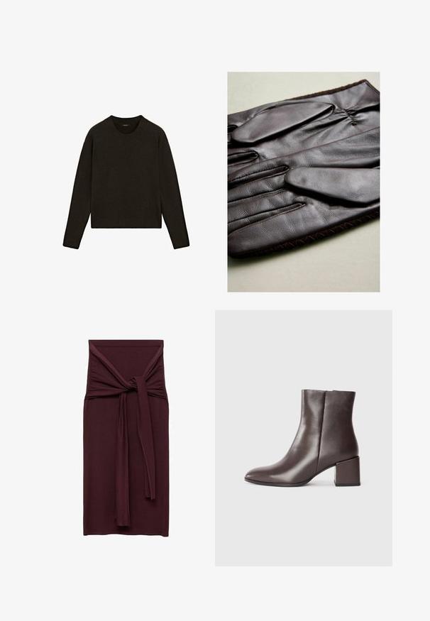 Mörkbrun stickad tröja med rundad halsringning, långa ärmar och ribbat avslut. Mjuk textur med en avslappnad passform, lämplig för lager-på-lager.; Burgundy klänning med en knuten detalj i midjan, tillverkad av ett mjukt, töjbart material. Figursydd silhuett med rak längd.; Brun läderankelboot med en stilren design, spetsig tå och fyrkantig klack. Slät textur och minimalistisk silhuett.; Bruna läderhandskar med en slät yta, med fem fingrar, elastiskt handled och dekorativ söm längs kanten.