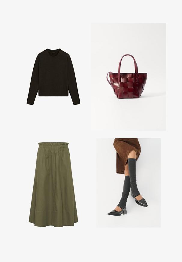 Dark brown knitted sweater with a crew neckline, long sleeves, and ribbed hem. Soft texture with a relaxed fit, suitable for layering.; Olive green cotton skirt with an elastic waistband, knee-length design, and side pockets. Smooth texture and simple, flowing shape.; Black patent leather pointed-toe shoes with a block heel and ankle strap, paired with gray ribbed leg warmers and a brown suede skirt.; Woven burgundy leather tote bag with two short handles and a detachable shoulder strap. Features a structured shape and smooth texture.
